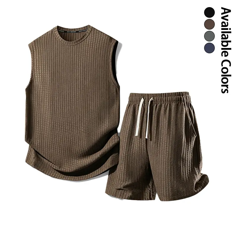 Father's Day Gift Men's 2-Piece Waffle Sleeveless Loose Tank Top & Shorts Set, Menswear Suit for Casual Sport, Streetwear, Tropical Summer Outfits (Plain Beige)