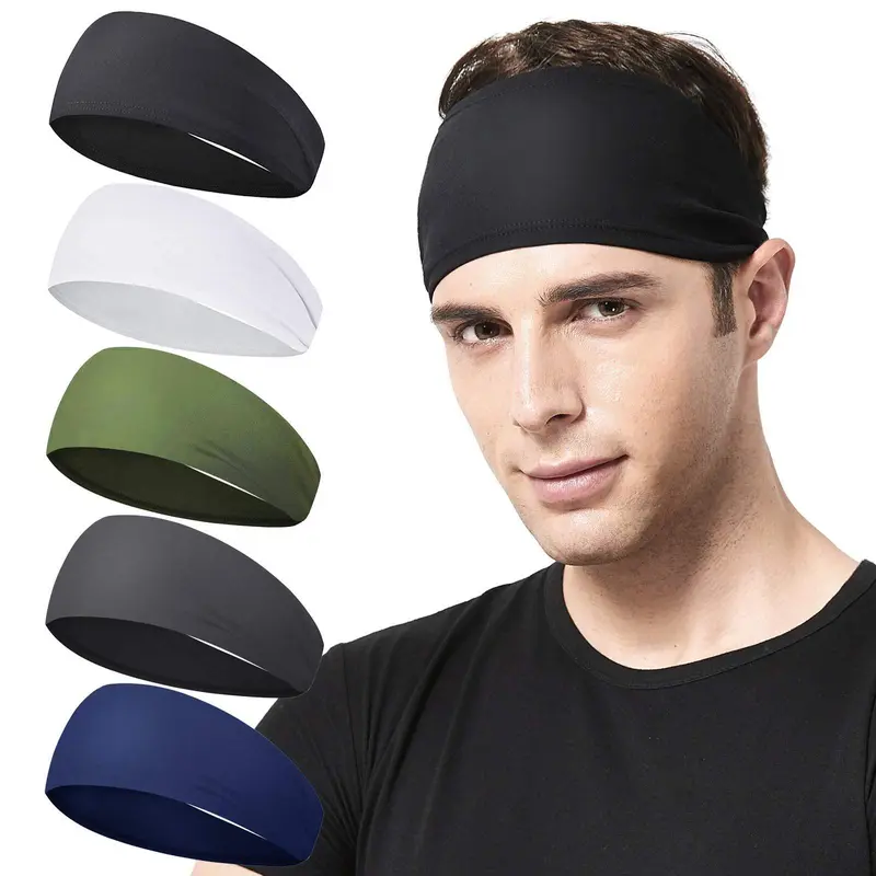 Adults' 5-Count Polyester Solid Color Quick-Dry Elastic Stretch Universal Sports Headband - Sweat-Wicking, All-Seasons for Running, Workout, Men's Training Activities