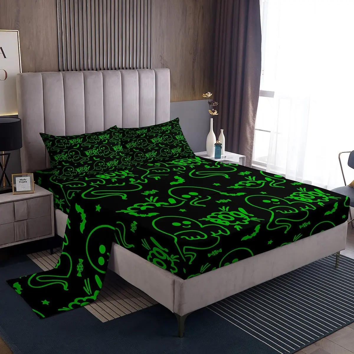 Feelyou Kids' Halloween Cartoon Ghost Bedding Set - Green Fitted Sheet, Soft Breathable Bed Sheets, Ghost Festival Themed Linen Soft Furnishings Collection, Soft Breathable Sheet