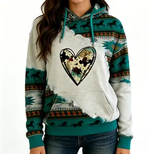 Women's Fitted Long-Sleeve Geometric Horse Print Aztec Hoodie Pullover - Chic Lady Clothes with Style, Cowgirl Western Casual Fitted Women's Hoodies for Jeans & Leggings