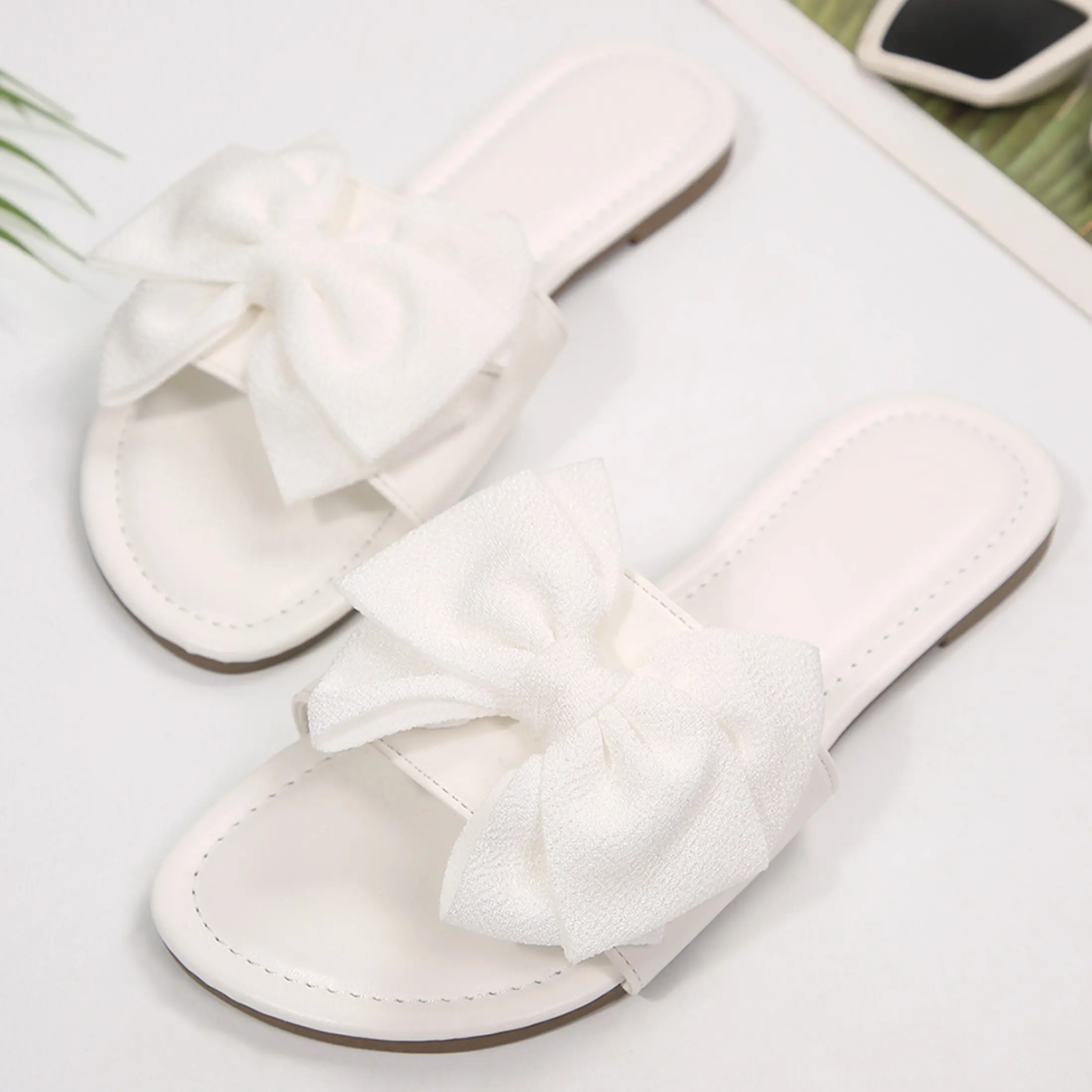 Women's Bow Flat Sandals Dressy Round Open Toe Wedding Dress Summer Slippers Anti-Skid Comfortable Slip On Slide Sandals