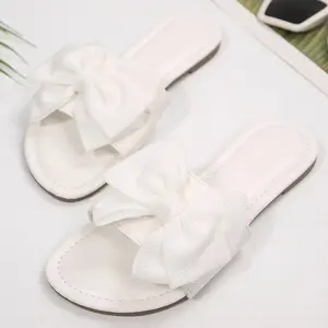 Women's Bow Flat Sandals Dressy Round Open Toe Wedding Dress Summer Slippers Anti-Skid Comfortable Slip On Slide Sandals