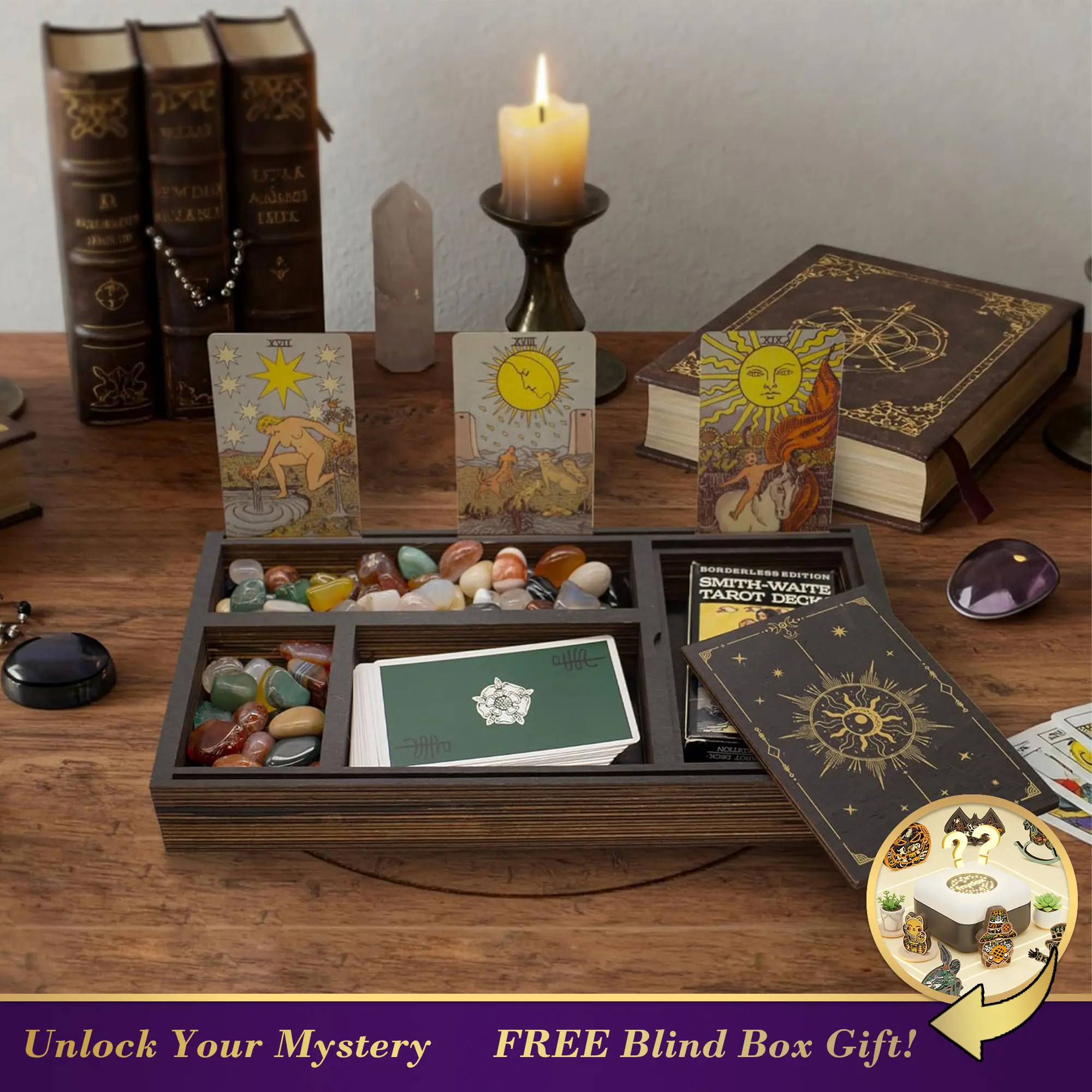 FNYDOX Wooden Crystal Tray with Tarcot Card Holder, Wiccan Supplies and Tools Witchcraft Altar Supplies Pegan Tarot Decor Witchy Gifts Meditation Accessories Witch Stuff Astrology Decor for Women(YXTY9)
