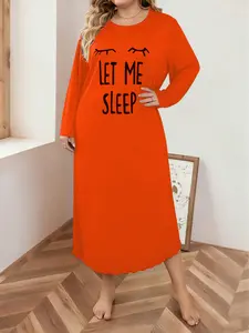 Women's Long Sleeve Sleepwear Loungewear Dress, Elegant Letter Print Design, Comfortable Casual Loose Fit, Perfect for Fall & Winter Wear