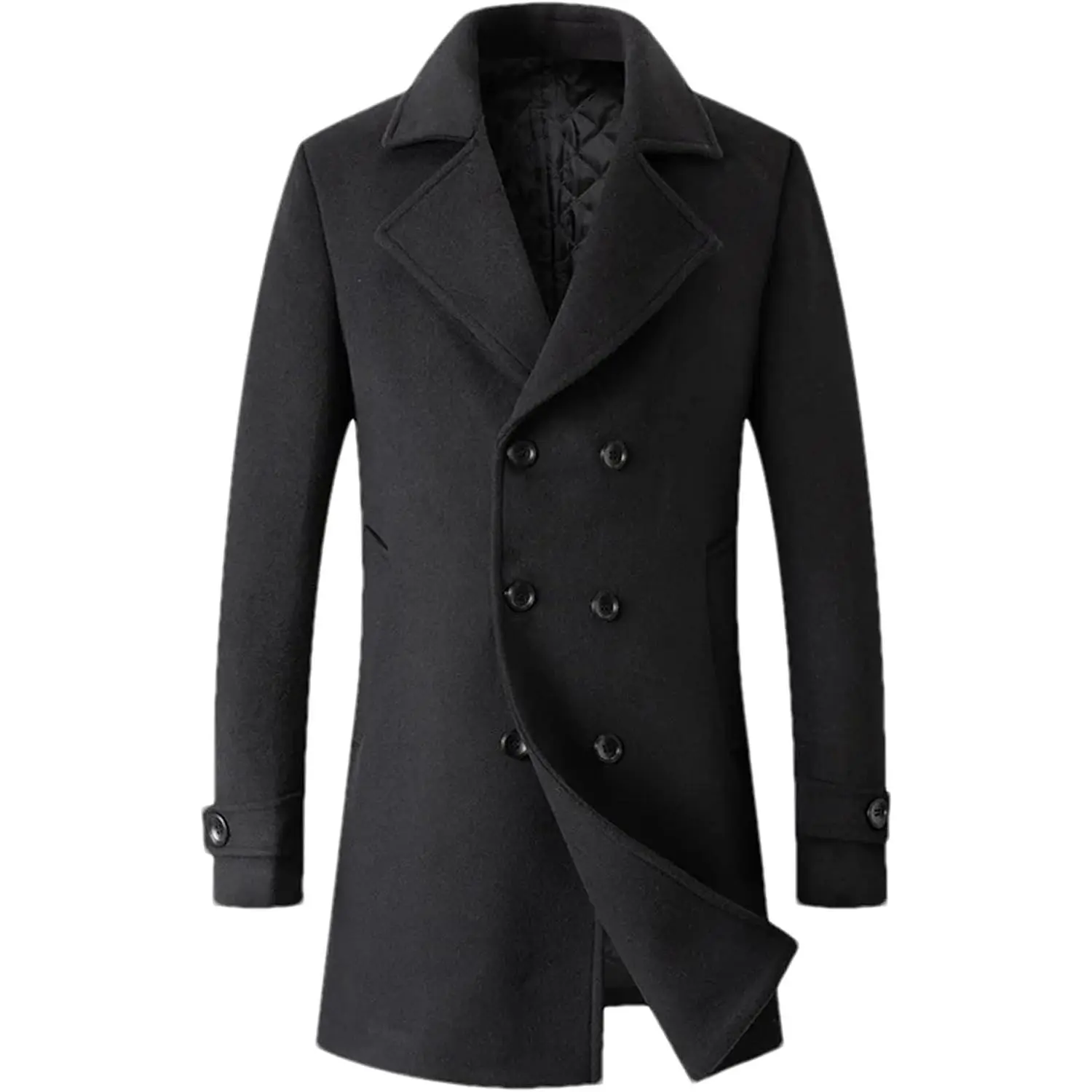 Men's Winter Coat Wool Blend Trench Overcoat Casual Double Breasted Long Pea Topcoat