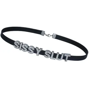 SISSY Black Naughty Leather Choker Necklace For Woman,Cute Sexy Rhinestone PU Collar For Honey Princess Hotwife Cosplay Costume Accessories