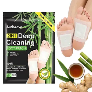 10-pack 2-in-1 deep cleansing foot patches, made with bamboo charcoal, detoxifying, removing dampness, and containing bamboo vinegar. Suitable for improving sleep, before bed, at home, and foot care.
