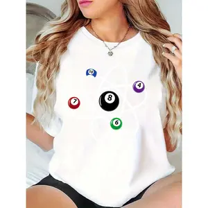 Women's Billiard Balls Graphic T-Shirt | 8 Ball & Pool Numbers Atomic Style, Casual Wear for Pool Players, Billiards Enthusiasts, Daily/Party Use 100% Cotton T-shirt