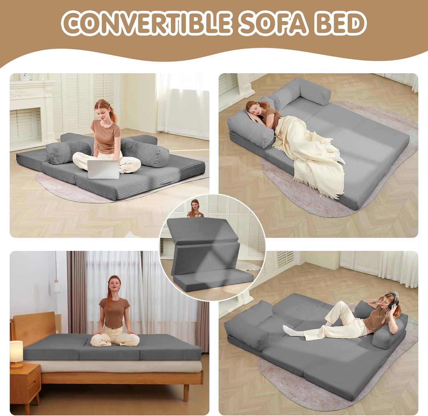 Winzoo 5-in-1 Convertible Sofa Bed,Boneless Couch Tri Folding Floor Mattress with Removable L-Shaped Armrests & Handle,Corduroy Futon Couch Sleeper with Pull Out Bed for Living Room Bedroom Apartment