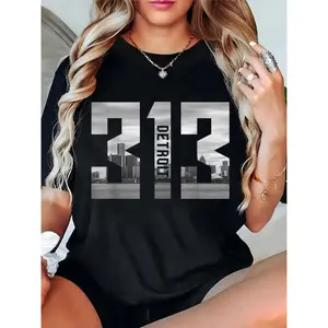 Women's Detroit 313 Skyline Graphic T-Shirt - Casual City Pride Daily Tee 100% Cotton T-shirt