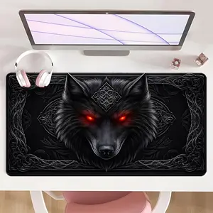 [Mouse Desk Pad] Non-Slip Mouse Pad Large Gaming Mouse Pad With Rubber Base & Stitched Edge Black Wolf Red Eye Nordic Runes Design Desk Top Protector Mat For Home & Office Christmas Gift Office Desk Accessories