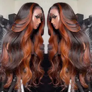 Lemoda Hair Highlight 1B/350 Transparent HD 13x4 Lace Front Wig Human Hair Reddish Brown Ombre Brazilian Virgin Body Wave 180% Density Lace Front Glueless Wig Pre Plucked with Baby Hair for Women