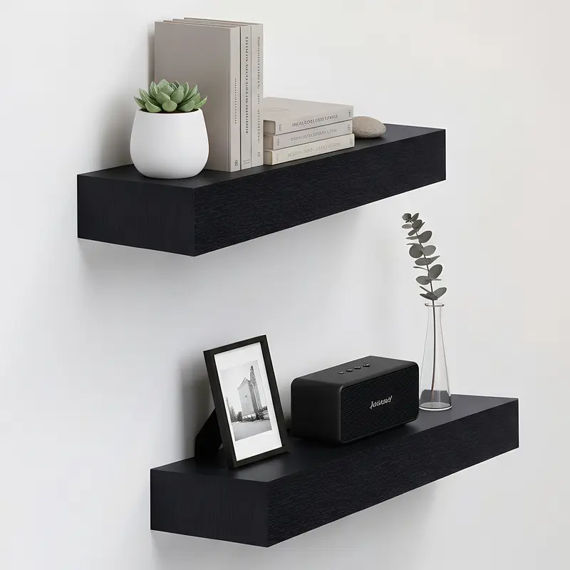 Spaco Durable Elegant Black 2-Shelf B-Style Particle Board Floating Shelves (18.11in) - Invisible Brackets, Wall-Mounted Organizer, Easy Installation, Decoration, Room Decor, Small-Space Hero, Bathroom Use & Above Toilet Storage, 2-Layer Soap Dish