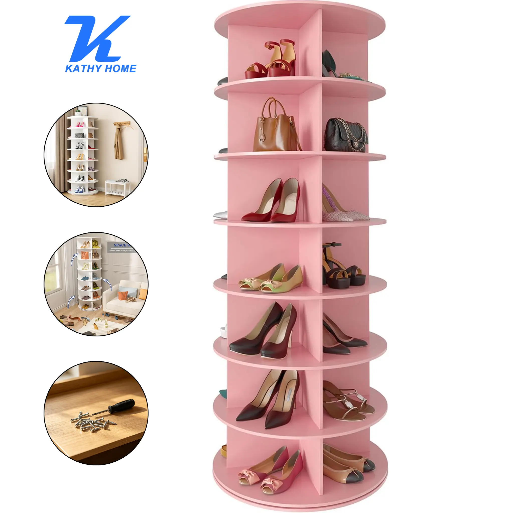 White 7-Tier Freestanding Rotating Shoe Rack Tower - Stand-Alone, Self-Spinning, Rotation, Cylindrical Shoe Storage, 360° Spinning Lazy Susan Organizer for Bedroom, Entryway, Closet, Stand-Alone Shoe Storage