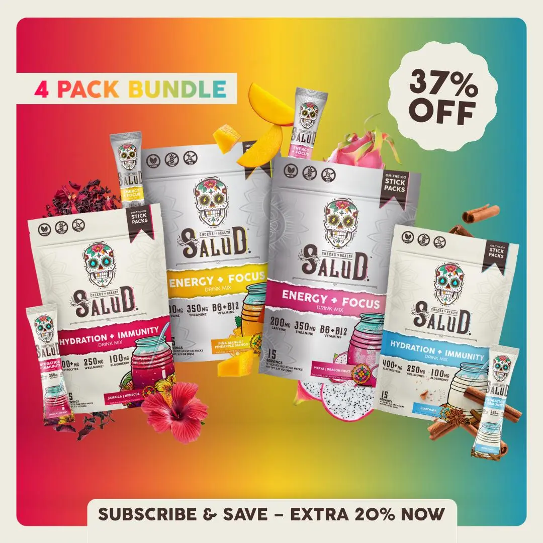 Salud 2-in-1 [Starter - All-In-One] Agua Fresca Drink Mix, Energy + Focus & Hydration + Immunity, Organic Caffeine, B6 & B12, Electrolytes, Elderberry, Non-GMO, Vegan, 1g Sugar (4-Pack, 60 Servings)