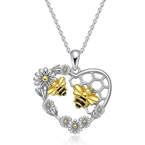 Bee Heart Necklace 925 Sterling Silver Animal Pendant Cute Heart Jewelry Gifts for Women Animal Lover Mothers Day Gift Ideas