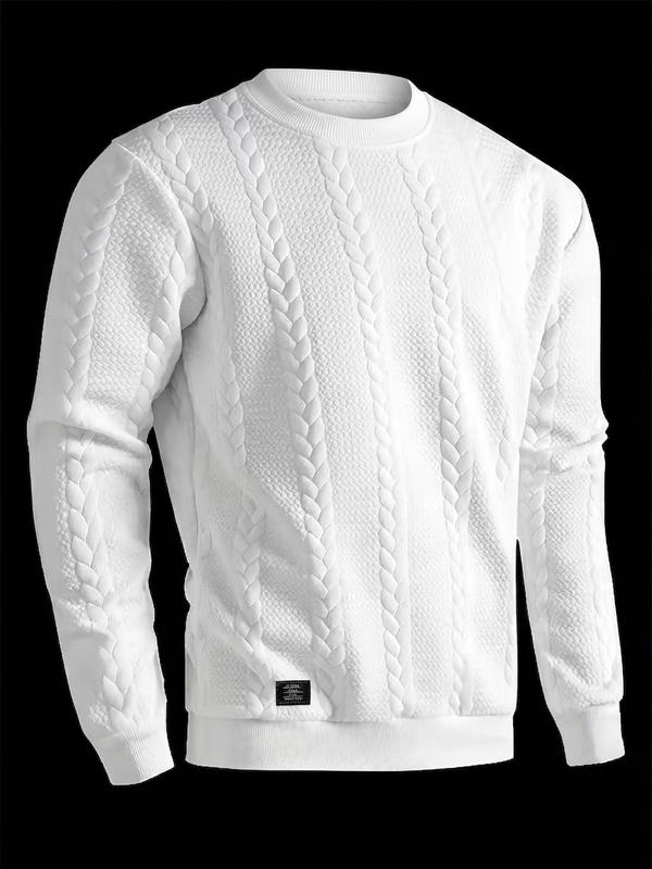 Men's Jacquard Sweatshirt, Crewneck Long Sleeve Pullover, Textured Casual Streetwear Top, Everyday Sportswear