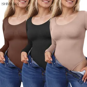 SHINYUAN 3 Pack Long Sleeve Bodysuit Round Neck Thermal Tops Breast Lifting Targeted Tummy Control Slimming Warm Underwear Women's Minimalist High Waist Shaping Basic Compression
