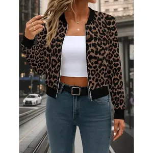 Leopard Print Baseball Jacket | Women’s lightweight polyester leopard print baseball jacket | Casual long sleeves, front buttons, black trim | Perfect for autumn and winter