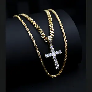 14K Gold Plated Cubic Zirconia Cross Necklace for Women and Men 2025 Upgraded Version Cuban Link Chain Rhinestone Inlay Faith Pendant Necklaces