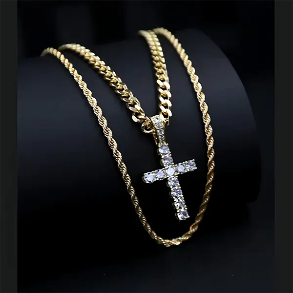 Mob Wife Aesthetic 14K Gold Plated Cross Necklace for Women Men Non-Tarnish Cubic Zirconia Faith Pendant Twisted Rope Chain Hip Hop Streetwear Jewelry Easter Sunday Gift Idea
