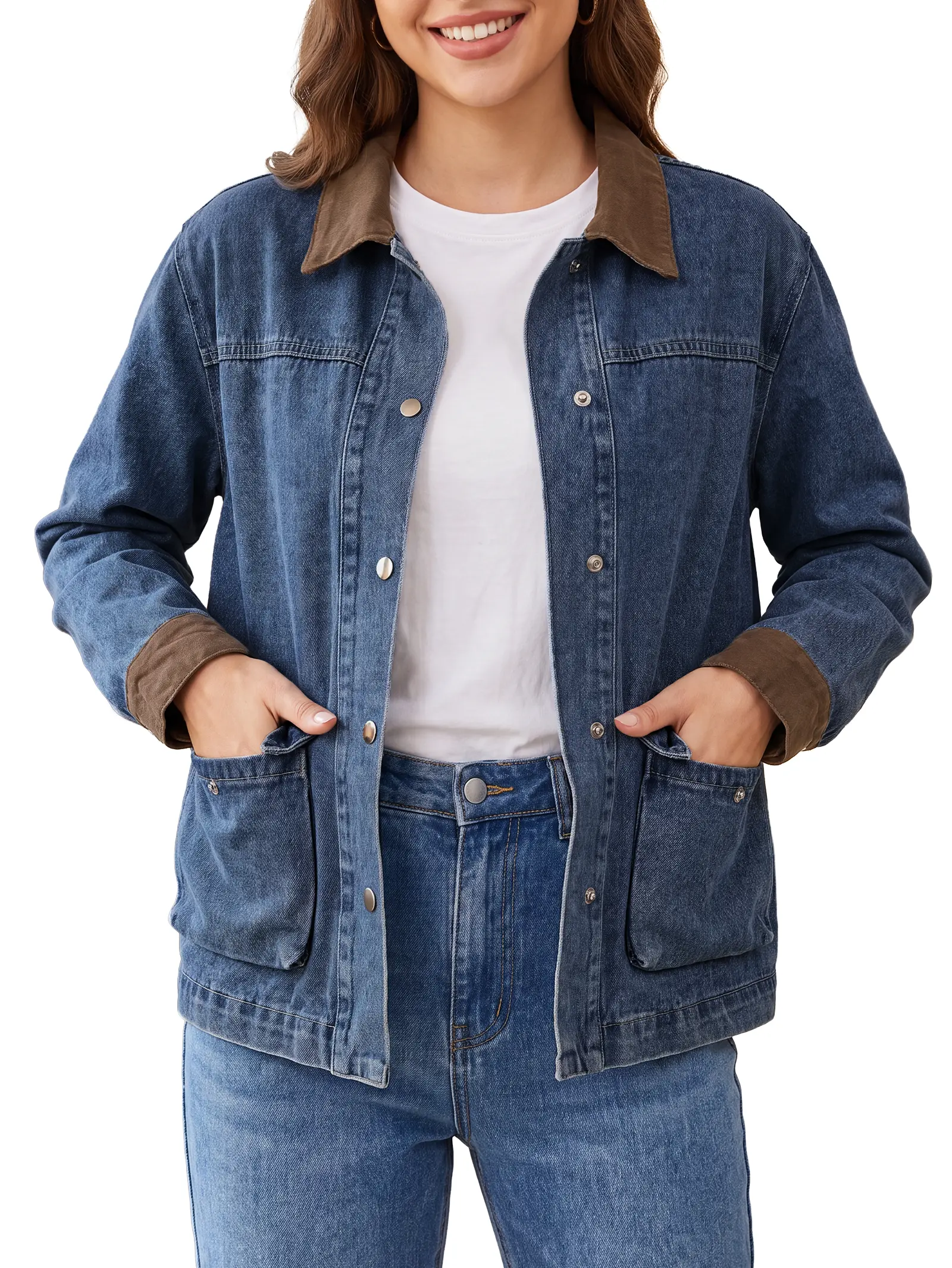 【NEW-IN】EMMIOL Women's Oversized Denim Trucker Jacket Long Sleeve Coat | Faux Leather Collar, Silver Buttons, Barn‑Jacket‑Inspired Silhouette, Barnfit Aesthetic, Y2K Vintage Vibe, Patch Pockets, Relaxed Fit, Casual Fall Outfits, Back To School