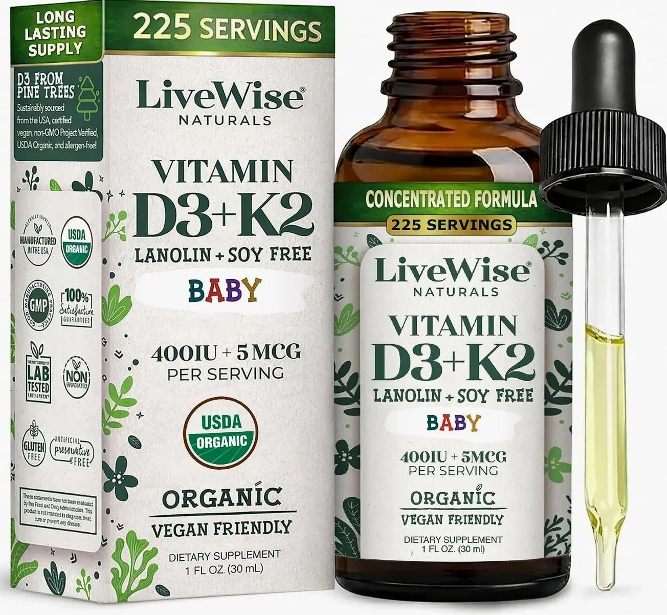 Live Wise Naturals Organic Vitamin D3 K2 Liquid Drops for Babies, (MK-7) | Concentrated Formulation, 225 Servings, Micro-Dose Dropper, Gentle Daily Supplementation, Early Development, Precise Dosing