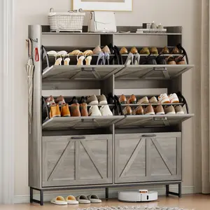Wooden Shoe Cabinet with 6 Flip Storage Drawers, Freestanding Hidden Shoe Rack, Narrow Slim Shoe Organizer with Hooks & Display Shelves for Mudroom, Home Decor
