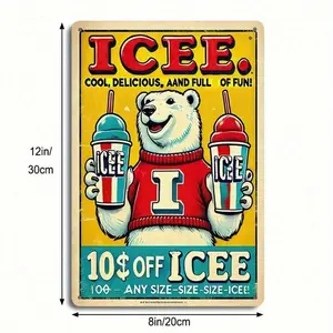 1PC Tin Sign 2D Flat, Vintage ICEE Polar Bear Sign, Retro Advertisement, Colorful Soda Poster, Perfect For Kitchen Or Bar Decor, Durable Metal, 8x12 Inches 20x30 Cm Decoration Print