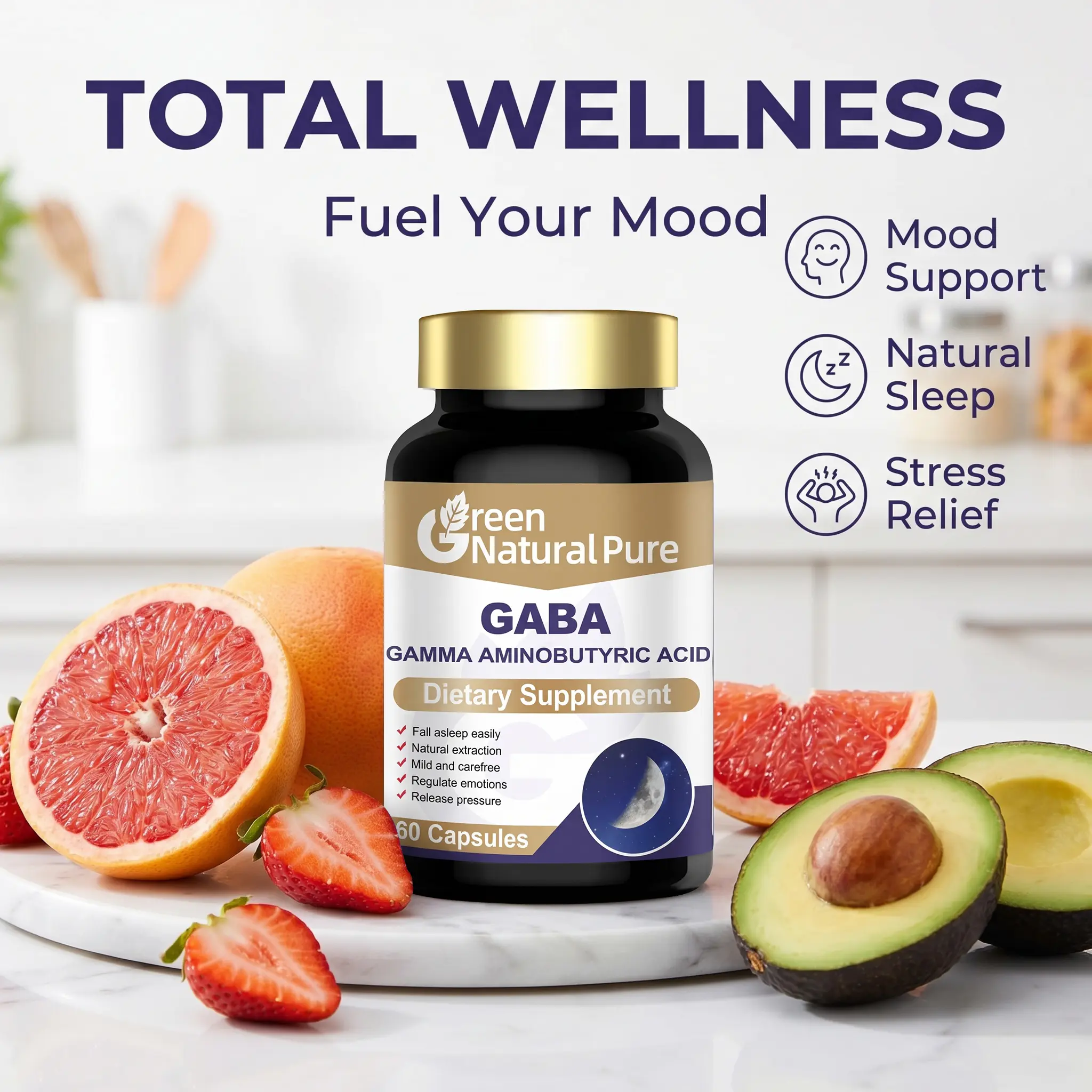 Green Natural Pure GABA Supplement, 100mg Gamma Aminobutyric Acid with Passion Flower & Valerian Root, Natural Sleep Aid, Calm Mood & Stress Relief, 60 Capsules Dietary Supplement for Adults.
