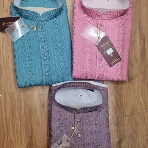 Lucknovi Men's Zigzag Pattern Kurta Set for Festive Occasions - Menswear, Suit