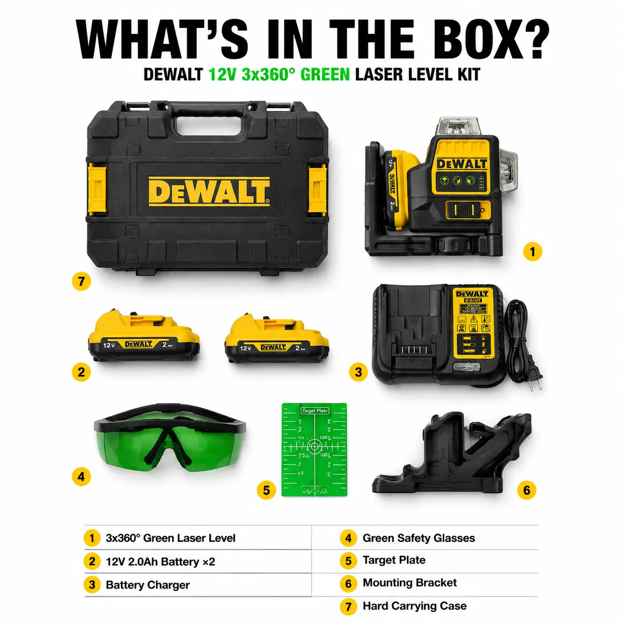 DEWALT 12V 3×360° Green Laser Level Kit – Model 089 – Comes with 2 batteries, charger, bracket & case – Perfect for framing, tiling, and ceiling layout – No more crooked lines! #DEWALT #LaserLevel,durable,mechanical,work,manual,shock