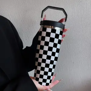 30oz Stainless Steel Insulated Travel Mug Tumbler with Handle, Checkered Pattern Straw Cup for Hot & Cold Drinks, Ideal Gift for Outdoor Sports