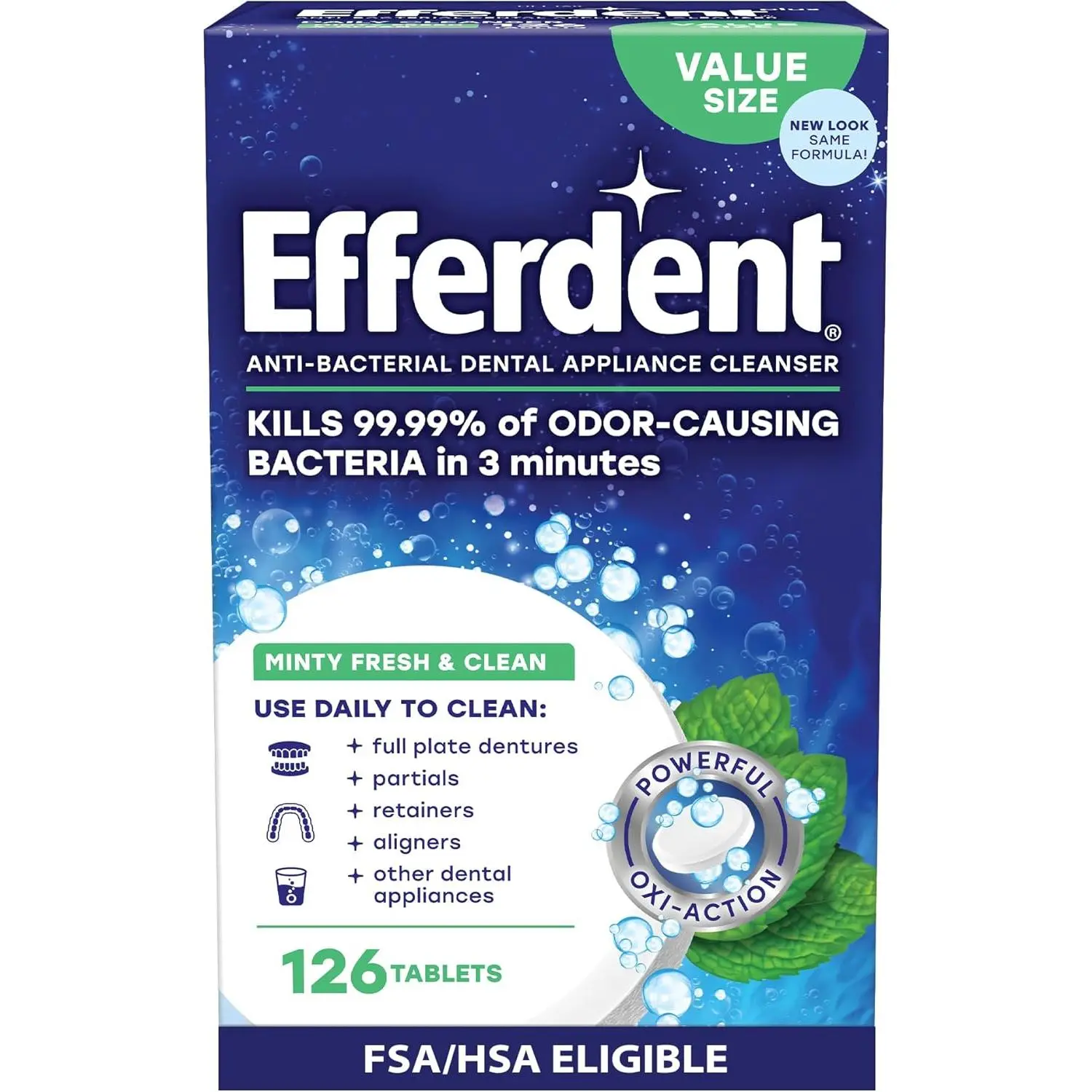 Efferdent Oral Denture Cleaner Tablets - For Dental Appliances, Aligners, Mouth Guards, 126 Count Minty Fresh Formula