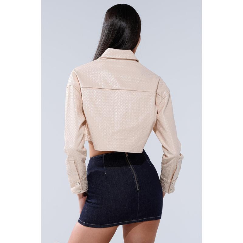 LUXURY GIRL WOVEN PU CROPPED BUTTON UP SHIRT IN IVORY