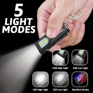 Portable USB Rechargeable Flashlight, Car Mini Keychain Light with Bottom Magnet, Pen Clip Headlamp, 5 Lighting Modes, Multifunctional Emergency Lantern