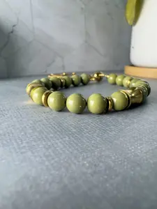 Alashan Agate Bead Bracelet – Olive Green Gemstone Bracelet, 18K PVD Gold Plated Stainless Steel, Adjustable Slider Bracelet