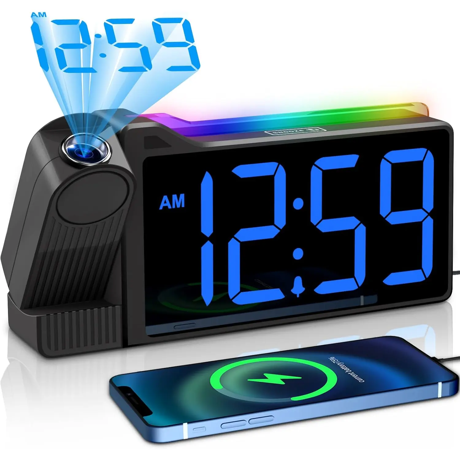 Projection  Clock for Bedroom Ceiling, Super Loud for Heavy Sleepers, Colorful Nightlight, Dimmable Large Number Digital Clock, Plug in Bedside Electric Clock with USB Port (Blue)
