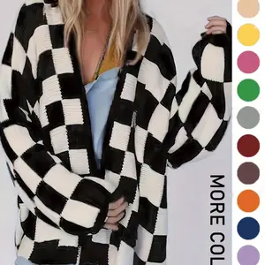 Plus Size Plaid Print Drop Shoulder Cardigan, Casual Long Sleeve Open Front Knitwear for Fall & Winter, Women's Plus Clothing for Daily Wear