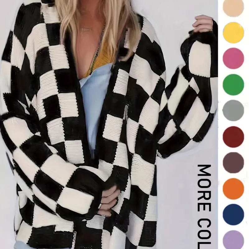 【Black Friday】Women's Plus-Size Plaid Pattern Knit Cardigan, Drop Shoulder Long Sleeve Open Front Outerwear, Casual Fall & Winter Top for Daily Wear