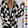 Women's Plus-Size Checkerboard Thick Knit Cardigan, Drop-Shoulder Long-Sleeve Open-Front Design, Oversized Casual Sweater for Daily Wear in Fall & Winter