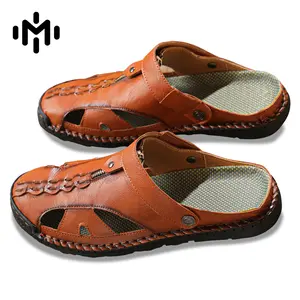 Men's 2-in-1 Genuine Leather Strap Closed-Toe Sandals, Non-Slip Breathable Hand-Stitched Sports Footwear for Summer Outdoor Casual Walking, Beach Hiking, Strap Sandals