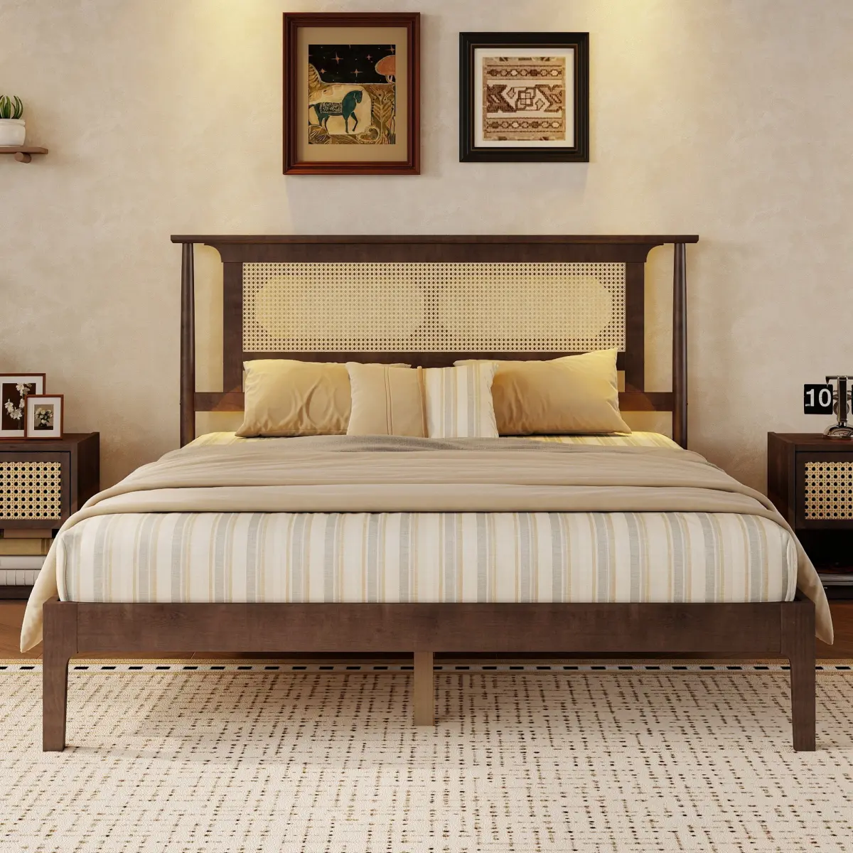 Aobtkel Queen/ King Size Rattan Bed Frame with PE Woven Headboard, Pine Wood Platform Bed with 8.6" Underbed Storage, 10 Wood Slats and 4 Support Legs, No Box Spring Needed, Rustic Boho Farmhouse Bedroom Bed, Walnut