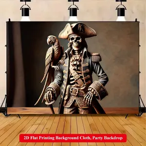 2D Flat Printing Backdrop Banner 1pc, Sculpture Of Skeleton Pirate With Parrot Vibrant Polyester Background Cloth for Family Party, Wedding, Birthday, Christmas, Thanksgiving, Fall, Entryway, Room Decorations, Easy to Set Up, Reusable