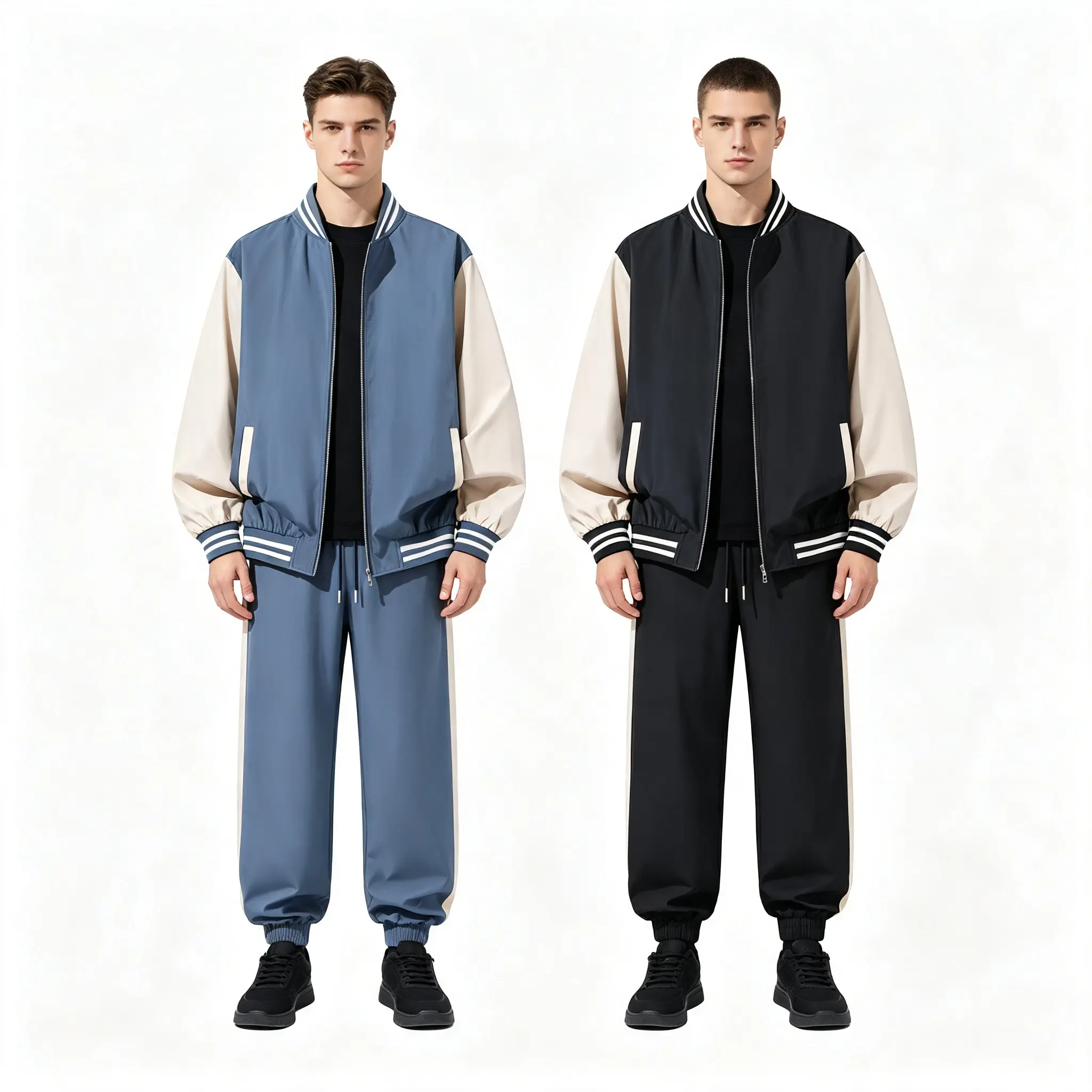 Male 2-Piece Color-Block Baseball Sports Set - Zip-Up Jacket & Full-Length Regular-Cut Joggers, Casual Wear, Casual Streetwear Outfit, Standard Sizes