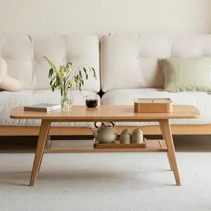 100% Solid Wood Coffee Table for Living Room, Mid Century Modern Small Tables with Shelf Storage, 2-Tier Coffee Table with Rounded Corners