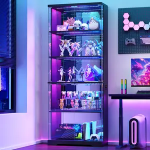 Dystler Display Cabinet with Glass Doors, 69" Tall Curio Cabinet with RGB Lights and 5-Tier Shelves for Collectibles, Figures, Locking Wooden Display Case for Books