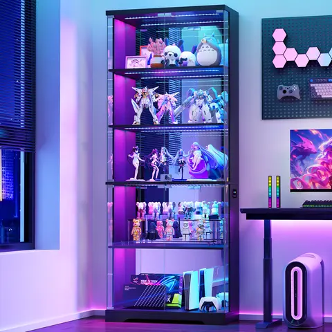 Dystler Glass-Door Furniture Display Cabinet, 69" Tall Locking Wooden Curio Cabinet with RGB Lights, 5-Tier Shelves for Collectibles, Figures, Books