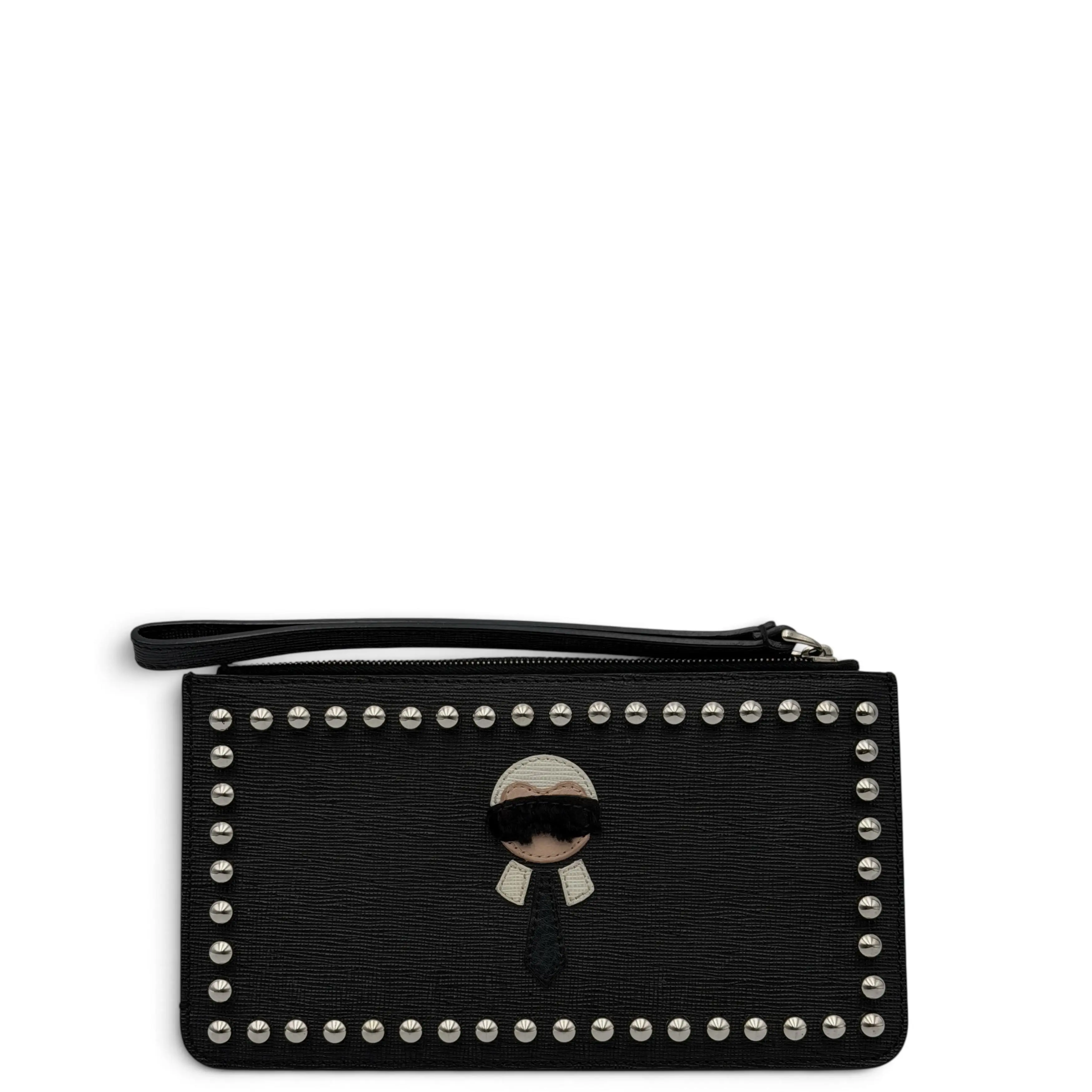 Pre-owned FENDI Leather clutches & wristlets Studded Clutch Saffiano Calfskin Black White (la0000)