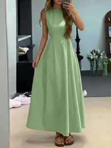 Women's Elegant Fit Solid Color Dress, Square Neck Waist Cinched Sleeveless Long Dress, Perfect for Daily Commuting, Womenswear